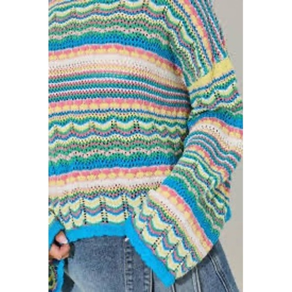 LUSH Blue Yellow Multi Crochet Knit Bell Sleeve Sweater Top Size M